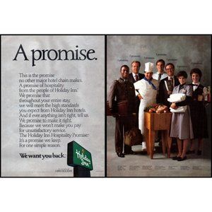 1986 Holiday Inn Promise 2 Page Vintage Print Ad Travel Vacation Staff Wall Art